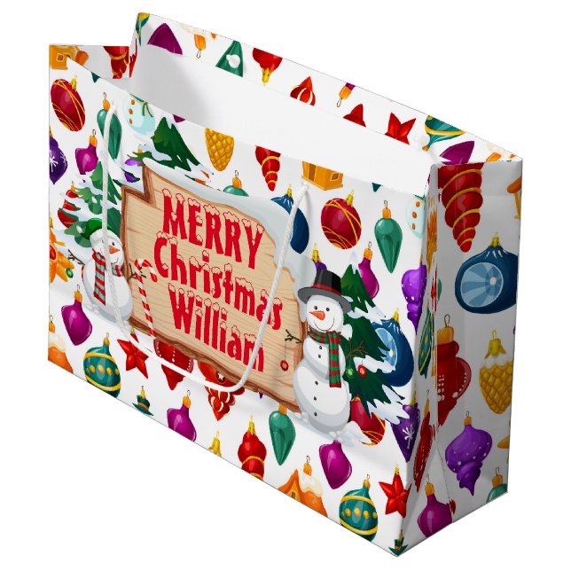 Sacola Para Presentes Grande Personalize Merry Christmas Snowmen Large Gift Bag (Frente inclinada)