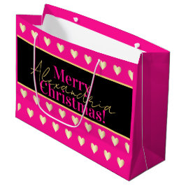 Sacola Para Presentes Grande Personalized Hot Pink Black Gold Heart Christmas