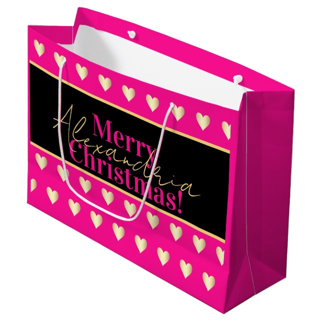 Sacola Para Presentes Grande Personalized Hot Pink Black Gold Heart Christmas (Frente inclinada)