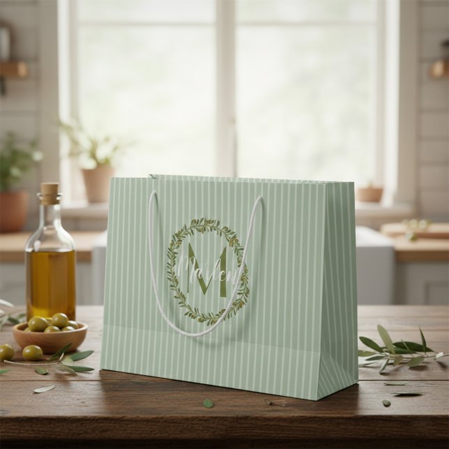Sacola Para Presentes Grande Personalized Olive Wreath Monogram  (Criador carregado)