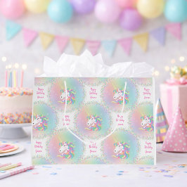 Sacola Para Presentes Grande Personalized Pastel Rainbow Unicorn Happy Birthday