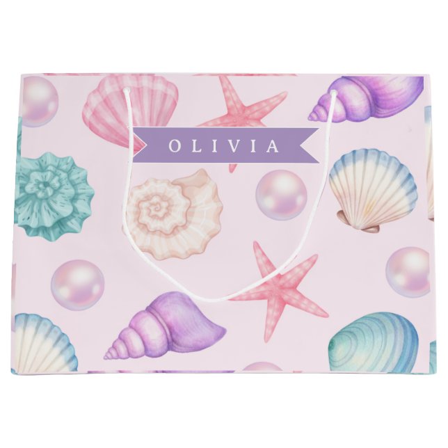 Sacola Para Presentes Grande Personalized Pastel Seashell Coastal Custom Name (Frente)