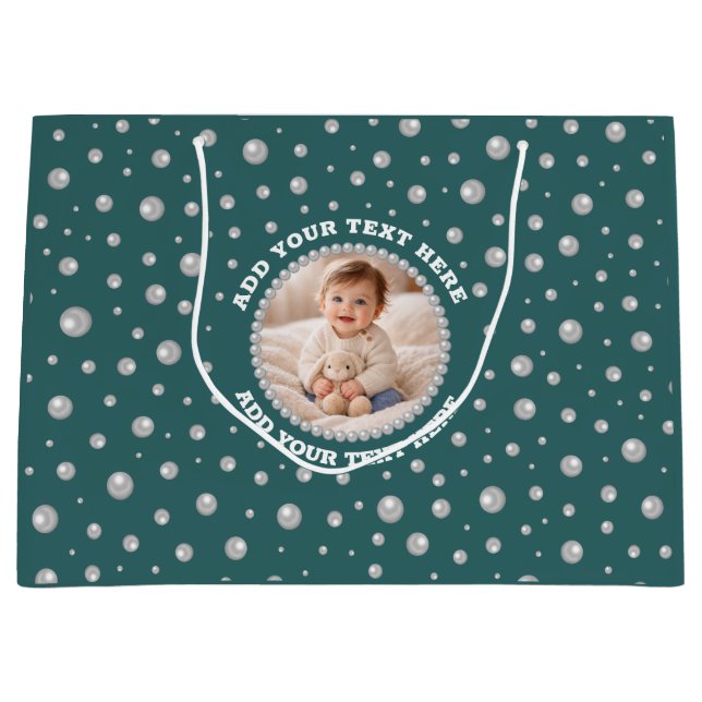 Sacola Para Presentes Grande Personalized Photo with Pearls Circle on Teal (Frente)