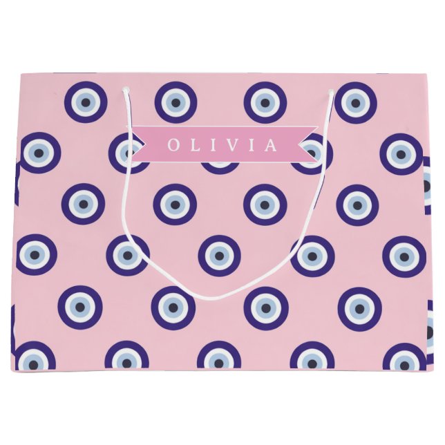 Sacola Para Presentes Grande Personalized Pink Evil Eye Pattern Gifts With Name (Frente)