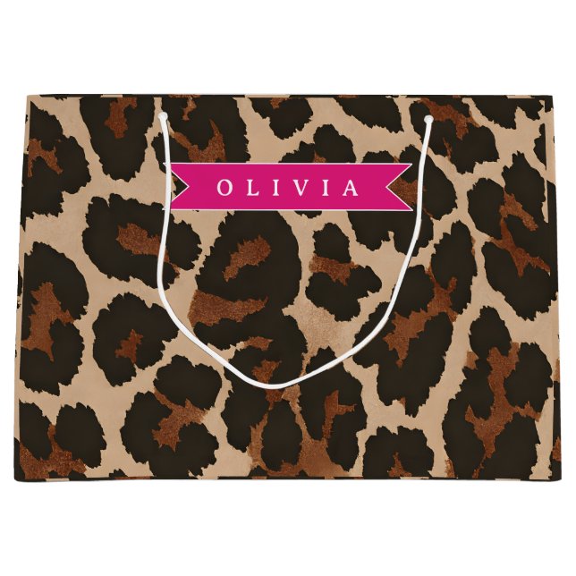 Sacola Para Presentes Grande Personalized Pink Leopard Print Chic Animal Print (Frente)