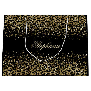 Sacola Para Presentes Grande Pessoal Glitter Impressão Leopardo Preto Dourado