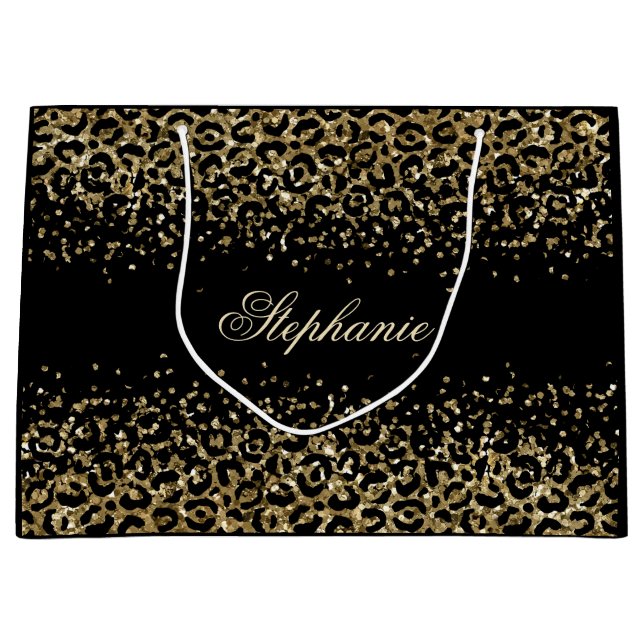 Sacola Para Presentes Grande Pessoal Glitter Impressão Leopardo Preto Dourado  (Frente)