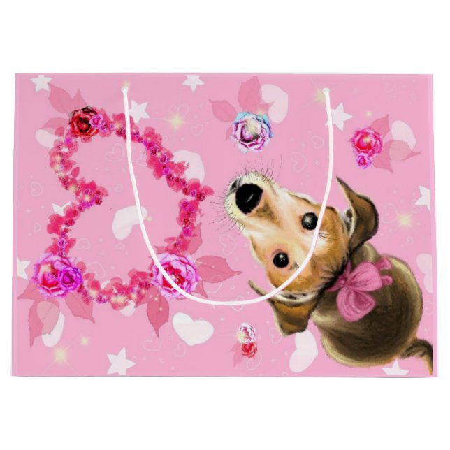 Sacola Para Presentes Grande Pets Gift Bag Puppy Com Fita Rosa (Frente)