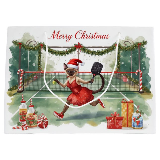 Sacola Para Presentes Grande Pickleball Natal temático com gato  (Frente)