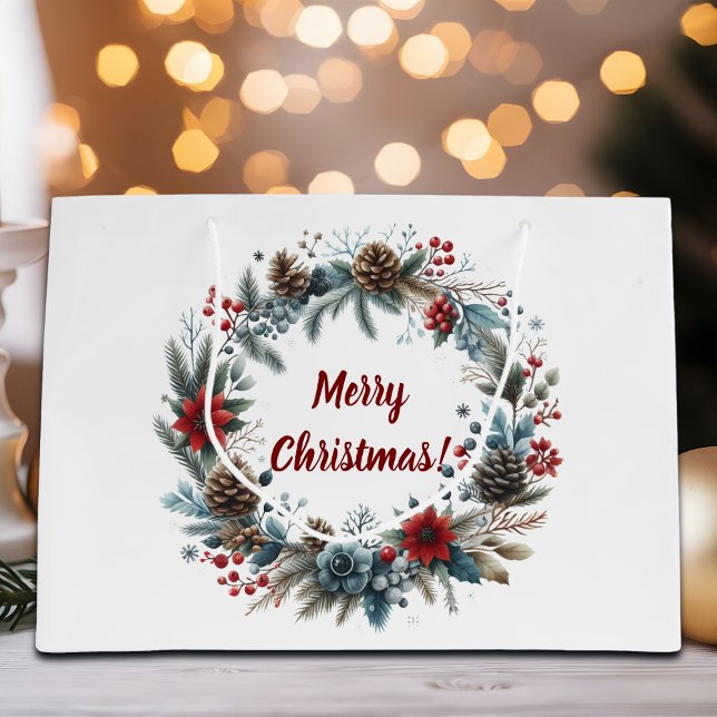 Sacola Para Presentes Grande Pine de inverno Floral Cones Wreath (Criador carregado)