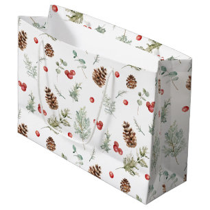 Sacola Para Presentes Grande Pine de inverno simples Berry Watercolor Natal