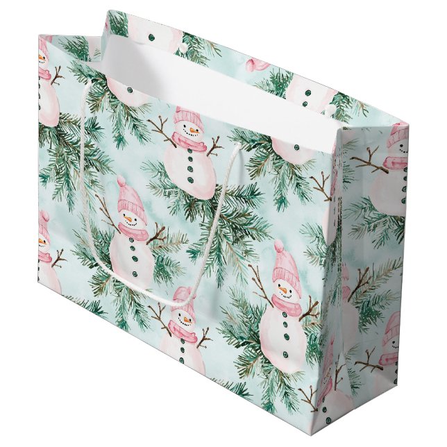 Sacola Para Presentes Grande Pine Tree Pink White Snowman Girl Christmas (Frente inclinada)