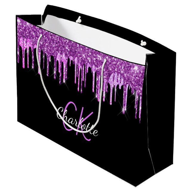 Sacola Para Presentes Grande Pingo de purpurina preta monograma brilho (Verso inclinado)