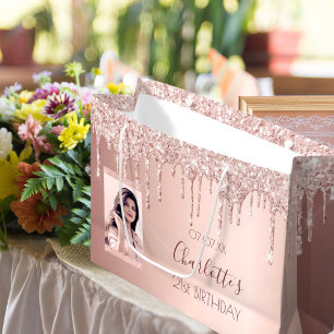 Sacola Para Presentes Grande Pingos cor-de-rosa com rosa de aniversário