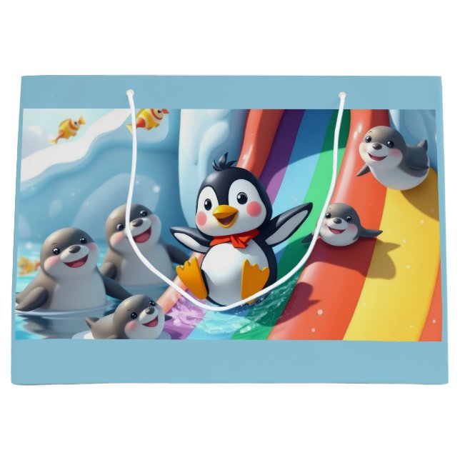 Sacola Para Presentes Grande Pinguim brinca em um escorregador (Frente)