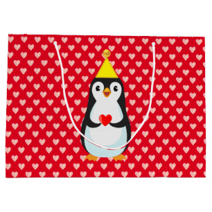 Sacola Para Presentes Grande Pinguim Fofo com Coração no Vermelho