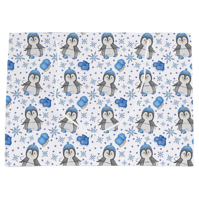 Sacola Para Presentes Grande Pinguim-Pinguim-Pato-de-Gelo Azul (Frente)