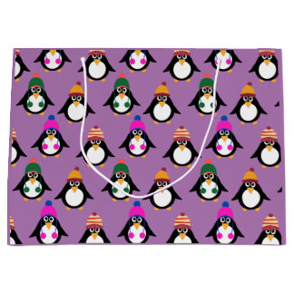 Sacola Para Presentes Grande Pinguins bonitos com padrão de chapéu de inverno