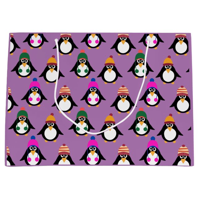 Sacola Para Presentes Grande Pinguins bonitos com padrão de chapéu de inverno (Frente)
