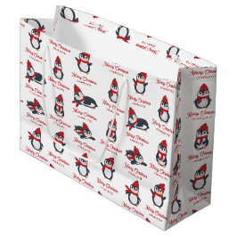 Sacola Para Presentes Grande Pinguins Cachorros de inverno Feliz Nome Personali