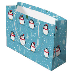 Sacola Para Presentes Grande Pinguins Fofos em Azul Claro com Flocos de Neve