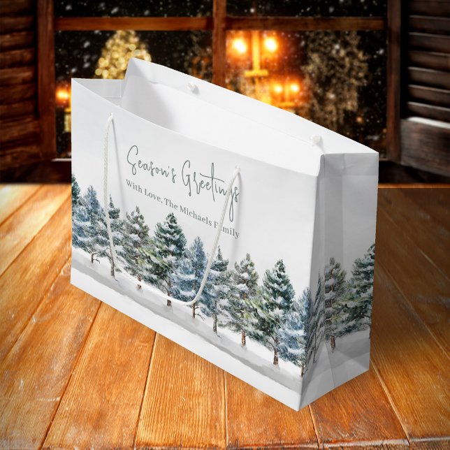 Sacola Para Presentes Grande Pinheiros Verdes Personalizados no Natal (Holiday custom gift bag with watercolor pine trees.)