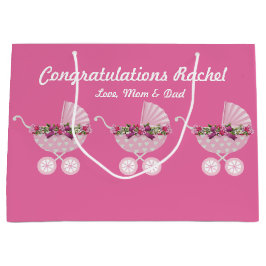 Sacola Para Presentes Grande Pink Carriage Girl Baby Shower 12.5” l x 4” w x 9”