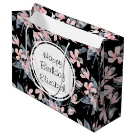Sacola Para Presentes Grande Pink & Cinza Floral Watercolor Patterno Aniversári
