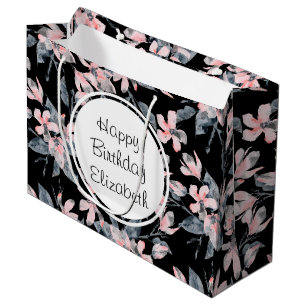 Sacola Para Presentes Grande Pink & Cinza Floral Watercolor Patterno Aniversári