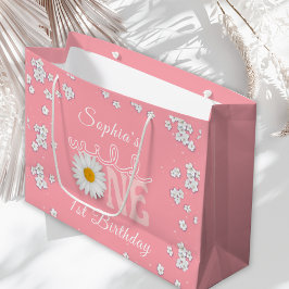 Sacola Para Presentes Grande Pink Daisy Wild One Aniversário de 1 ano