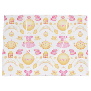 Sacola Para Presentes Grande Pink e Dourada Watercolor Princesa Tea Party