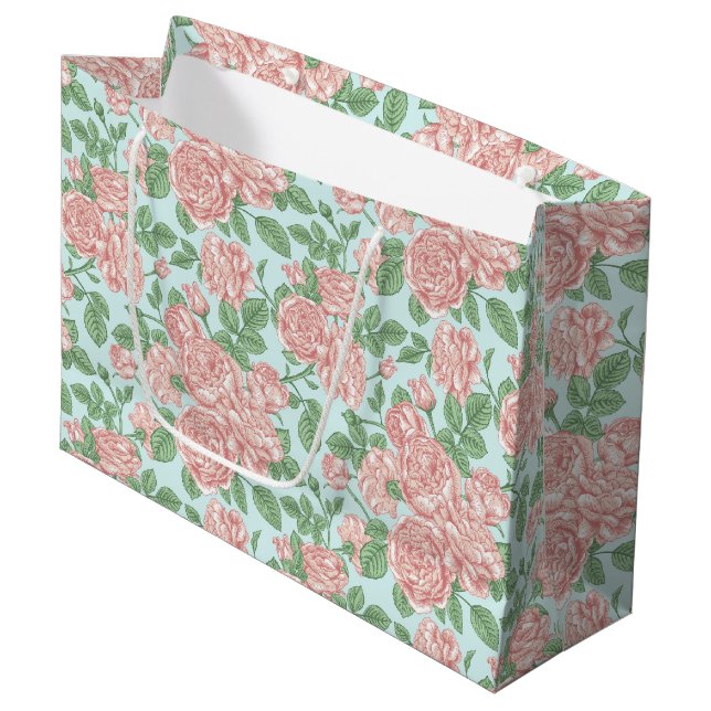 Sacola Para Presentes Grande Pink Flower Rose Garden Bouquet Pattern (Frente inclinada)