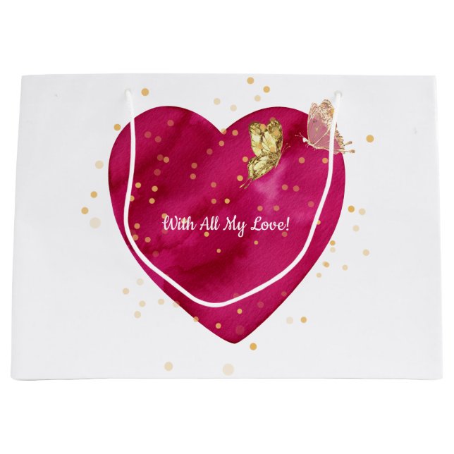 Sacola Para Presentes Grande Pink Heart & Gold Butterfly Valentine Wrapping (Frente)
