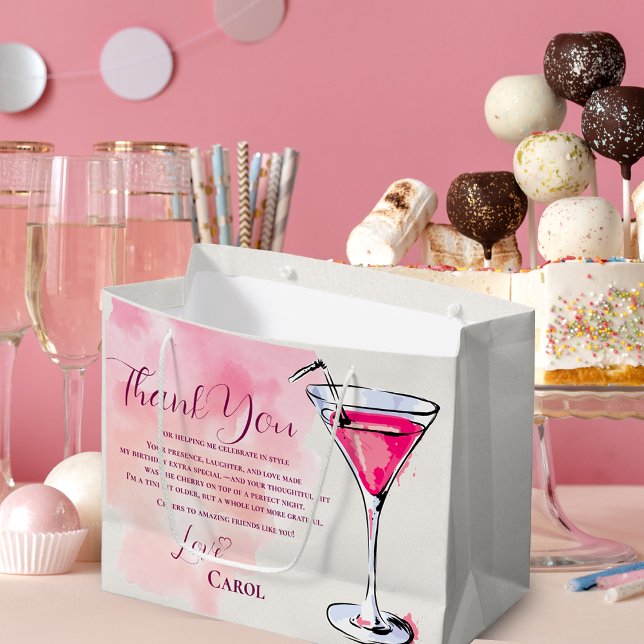 Sacola Para Presentes Grande Pink Martini Birthday Party Favor Thank You (Pink Martini Birthday Party Favor Thank You Large Gift Bag)
