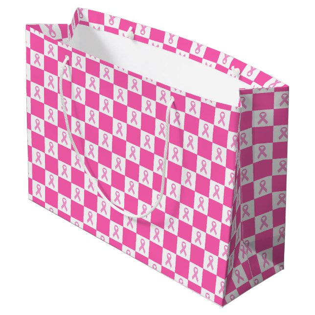 Sacola Para Presentes Grande Pink Ribbon Checkerboard – Breast Cancer Awareness (Verso inclinado)