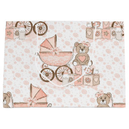 SACOLA PARA PRESENTES GRANDE PINK & TAN BABY GIRL PRAM BEAR