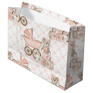 SACOLA PARA PRESENTES GRANDE PINK & TAN BABY GIRL PRAM BEAR