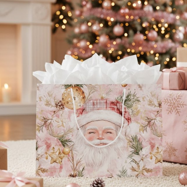 Sacola Para Presentes Grande Pink Victorian Santa Claus Christmas Holiday (Criador carregado)