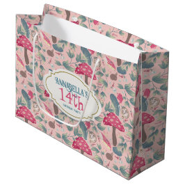 Sacola Para Presentes Grande Pink Vintage Cottagecore Mushroom Birthday