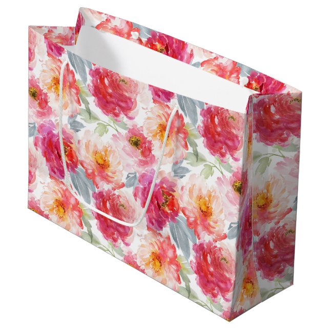 Sacola Para Presentes Grande Pink Watercolor Peony Flower Pattern (Frente inclinada)