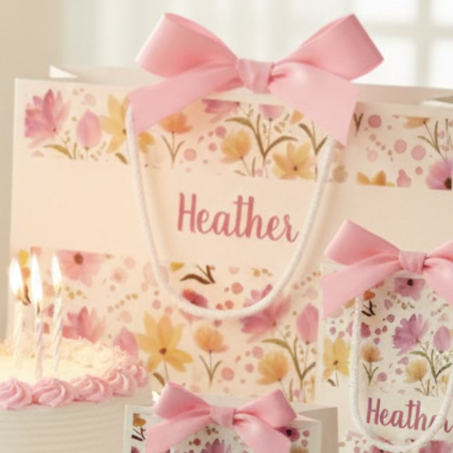 Sacola Para Presentes Grande Pink Wildflower Watercolor Monogram Name (Criador carregado)