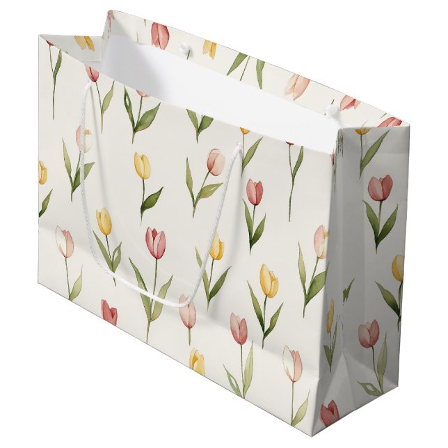 Sacola Para Presentes Grande Pink Yellow Tulip Flowers Easter (Frente inclinada)