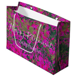Sacola Para Presentes Grande Pintado pela mão do jardim floral cor-de-rosa feli