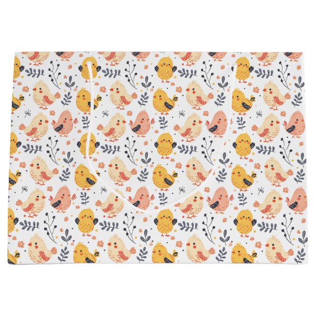 Sacola Para Presentes Grande Pintinhos Primavera e padrão floral bonitos (Frente)