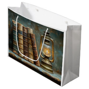 Sacola Para Presentes Grande Pintura de Pilha de Livros Antigos Parede de Bibli
