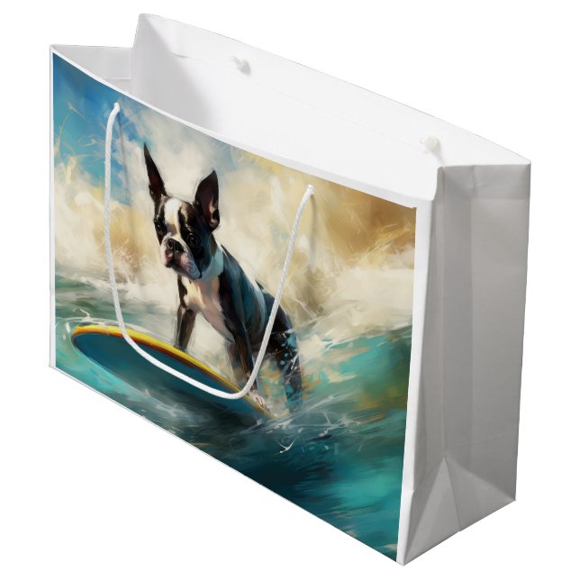 Sacola Para Presentes Grande Pintura de surf em Boston Terrier Beach (Frente inclinada)