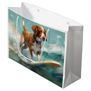 Sacola Para Presentes Grande Pintura de Surf na Praia com Brittany Spaniel
