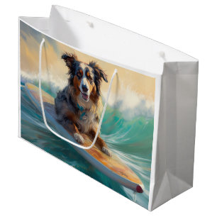 Sacola Para Presentes Grande Pintura de Surf na Praia do Australian Shepherd
