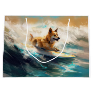 Sacola Para Presentes Grande Pintura de Surf na Praia do Lapphund Finlandês