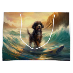 Sacola Para Presentes Grande Pintura de surfe na praia de Bernedoodle